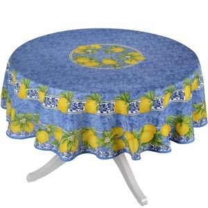 Citrus Blue French Provencal Tablecloth - 70 inch Round with lemons and blossoms